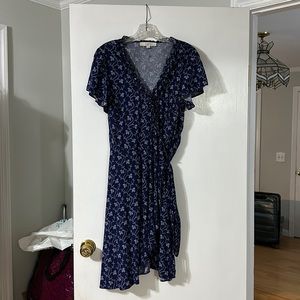 Loft navy blue wrap dress with ruffle embellishment